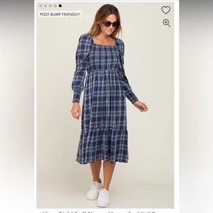 Navy Plaid Puff Sleeve Maternity Midi Dress